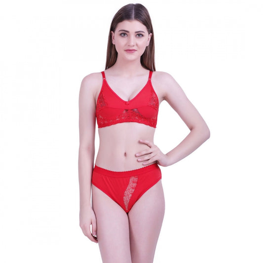 Women's Cotton Bra And Panty Set (Material: Cotton (Color: Red)