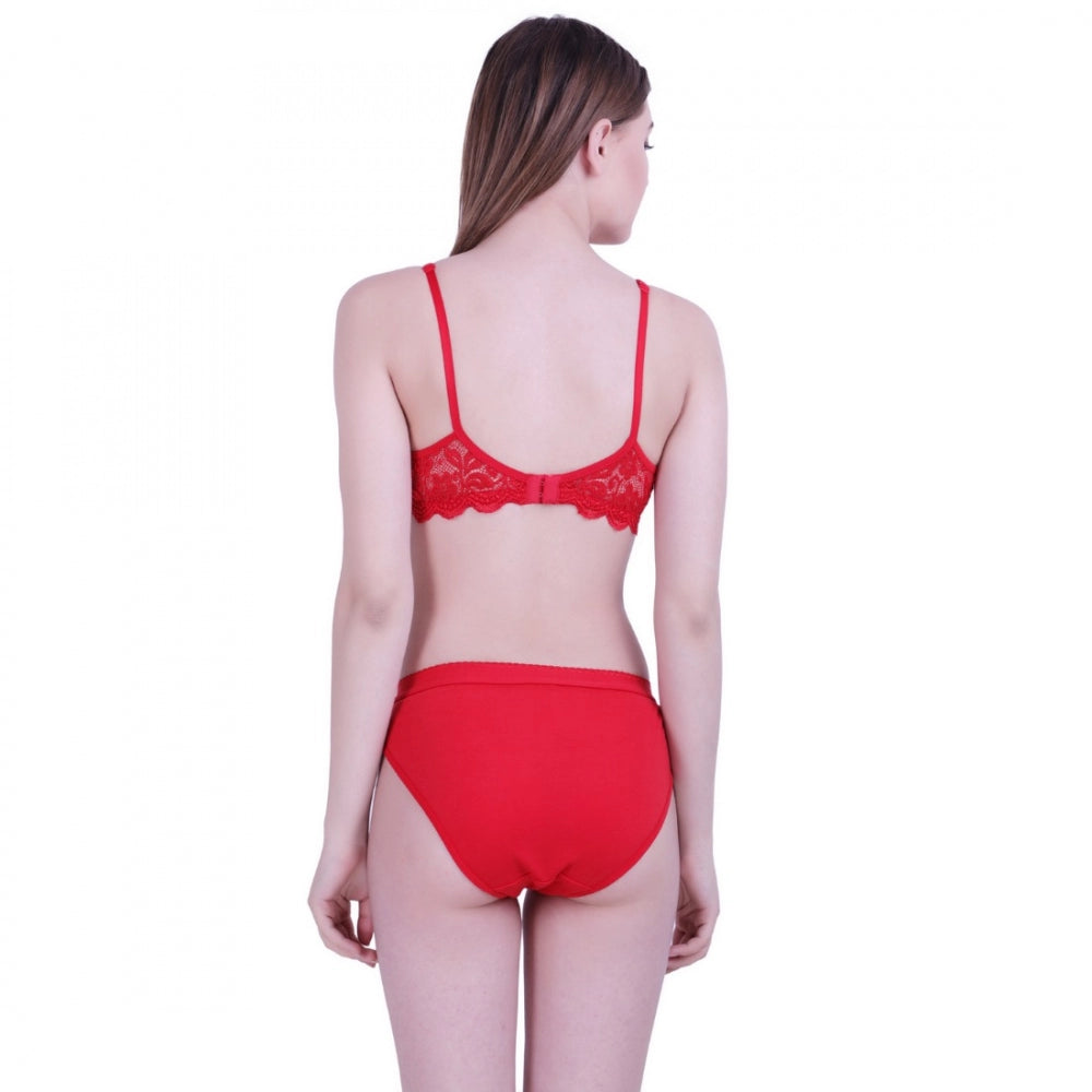 Women's Cotton Bra And Panty Set (Material: Cotton (Color: Red)