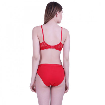 Women's Cotton Bra And Panty Set (Material: Cotton (Color: Red)