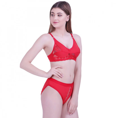 Women's Cotton Bra And Panty Set (Material: Cotton (Color: Red)