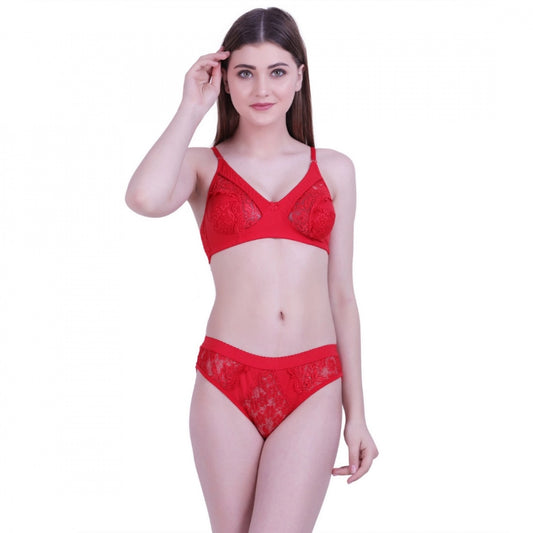 Women's Cotton Bra And Panty Set (Material: Cotton (Color: Red)