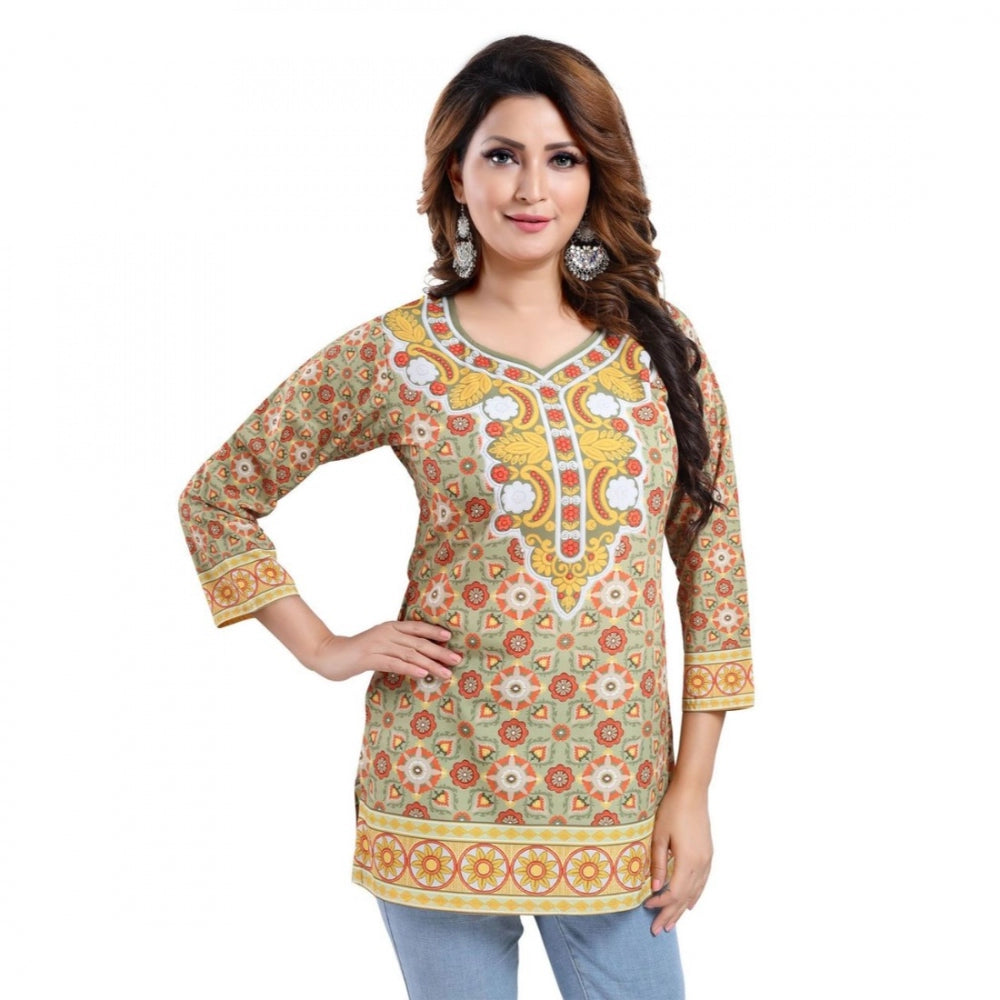 Women's Quarter Sleeve Faux Crepe Printed Short Kurti Tunic Top (Color:Multicolor)