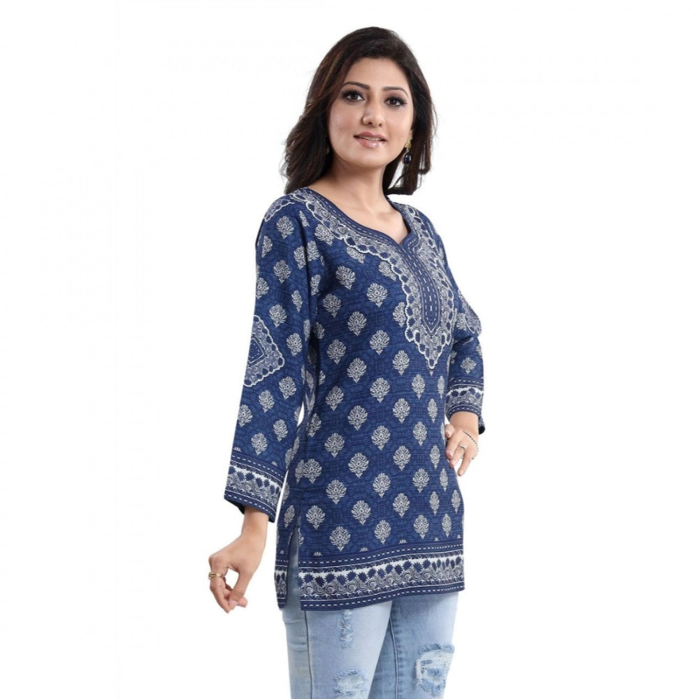 Women's Quarter Sleeve Faux Crepe Printed Short Kurti Tunic Top (Color:Blue)