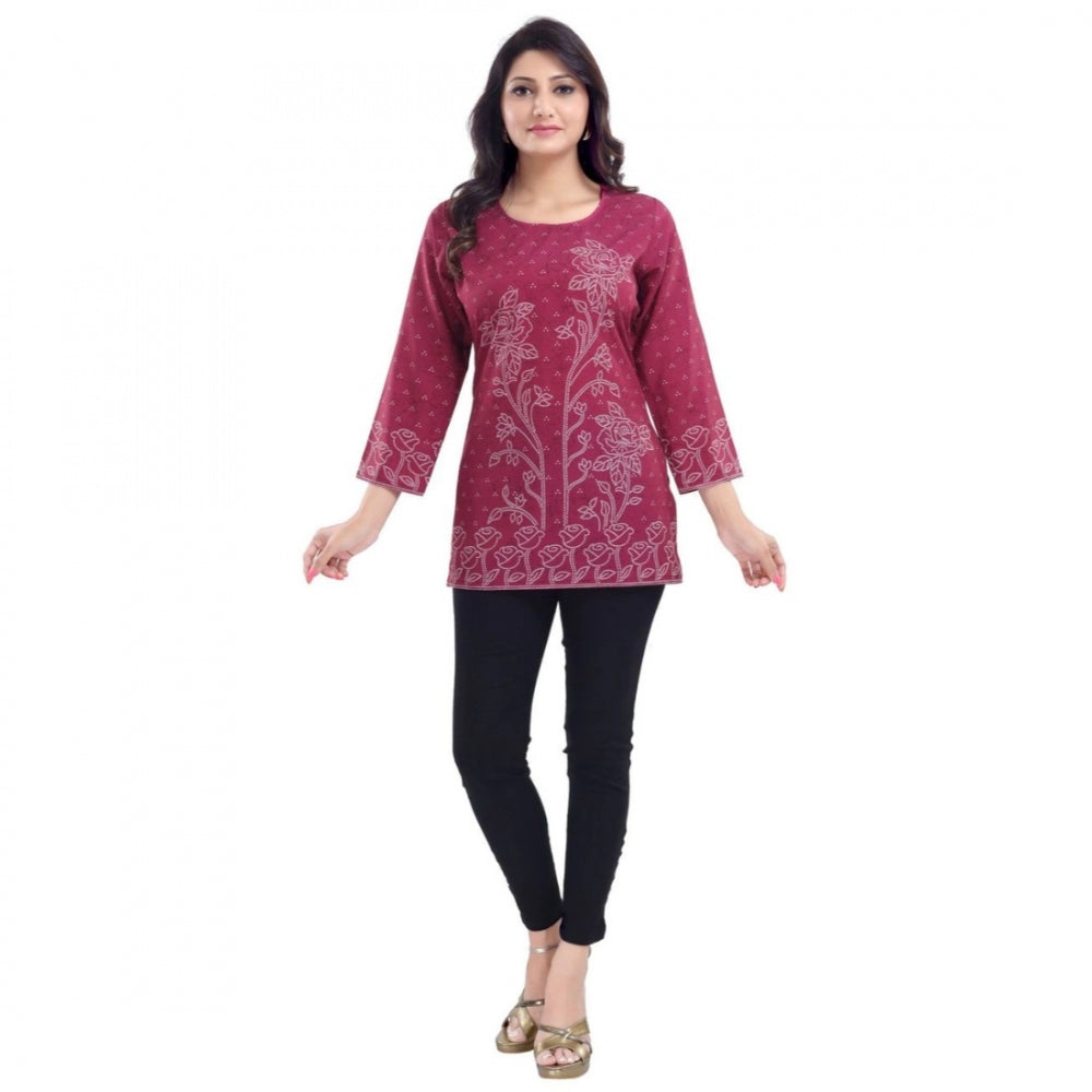 Women's Quarter Sleeve Faux Crepe Printed Short Kurti Tunic Top (Color:Magenta)