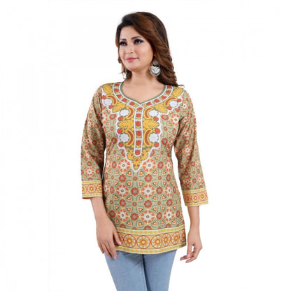 Women's Quarter Sleeve Faux Crepe Printed Short Kurti Tunic Top (Color:Multicolor)