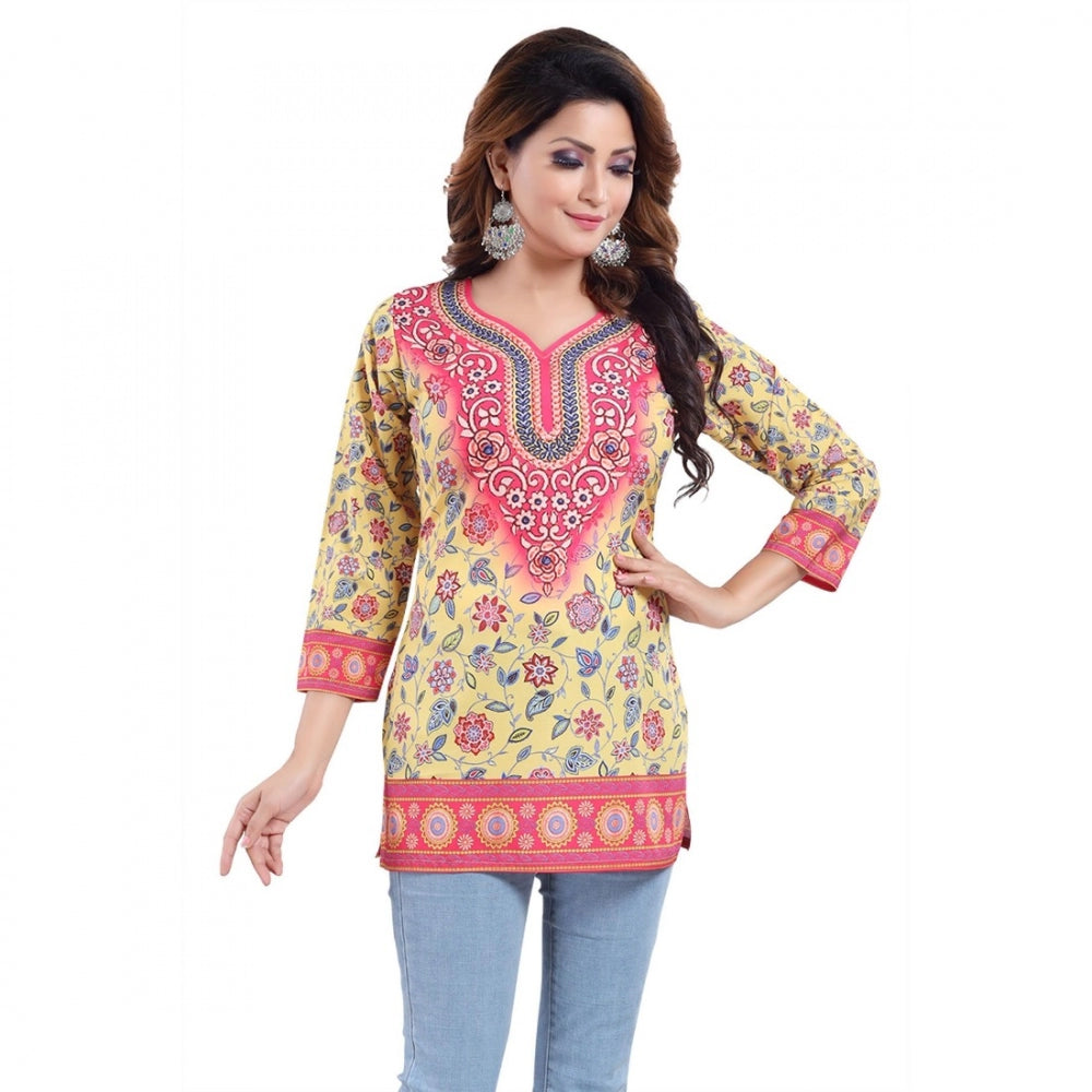 Women's Quarter Sleeve Faux Crepe Printed Short Kurti Tunic Top (Color:Yellow)