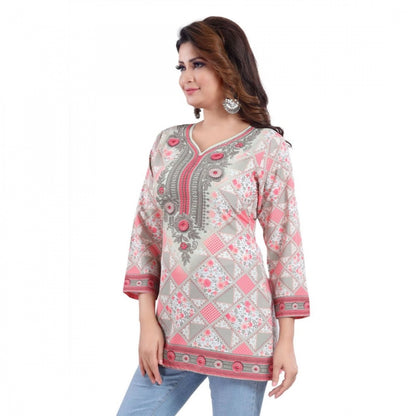 Women's Quarter Sleeve Faux Crepe Printed Short Kurti Tunic Top (Color:Pink)