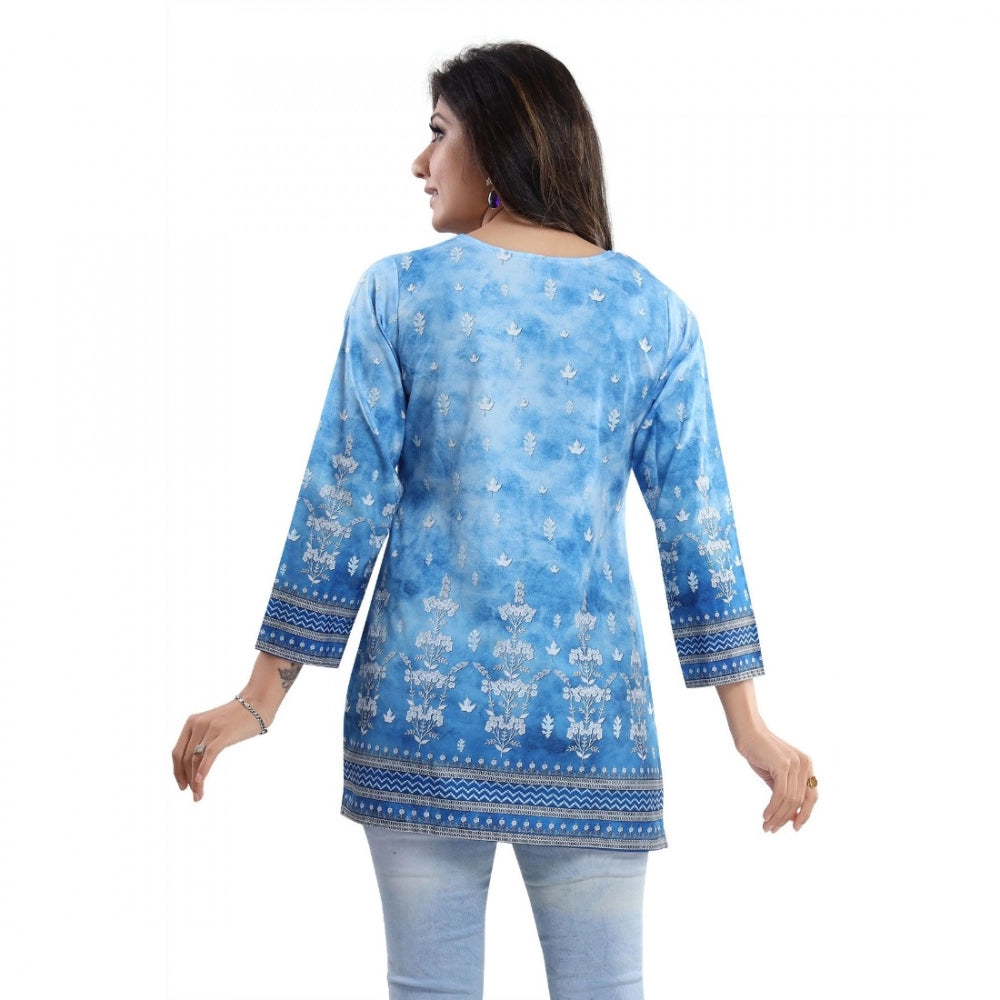 Women's Quarter Sleeve Faux Crepe Printed Short Kurti Tunic Top (Color:Sky Blue)