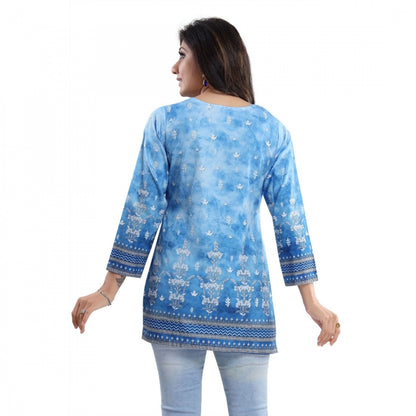 Women's Quarter Sleeve Faux Crepe Printed Short Kurti Tunic Top (Color:Sky Blue)