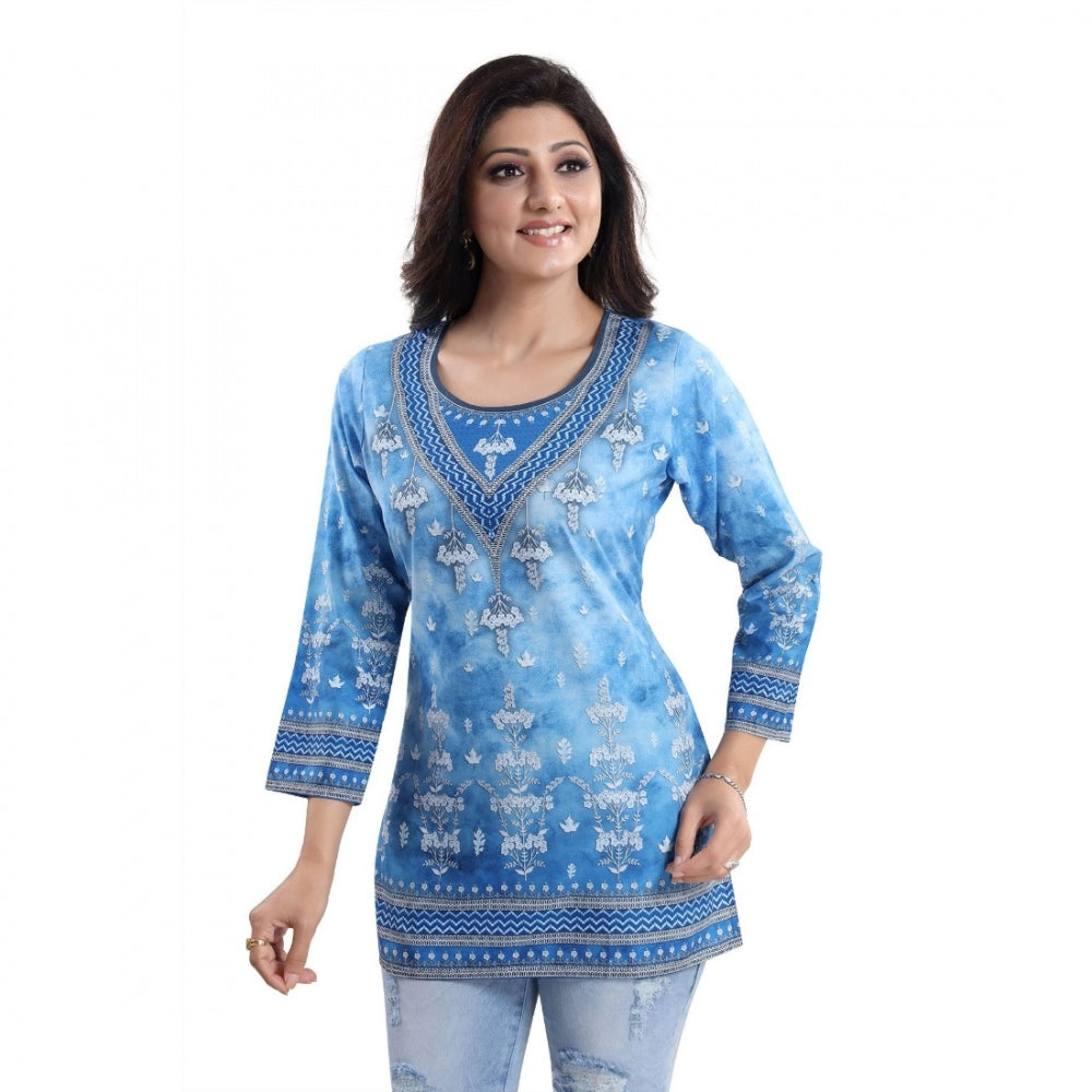 Women's Quarter Sleeve Faux Crepe Printed Short Kurti Tunic Top (Color:Sky Blue)