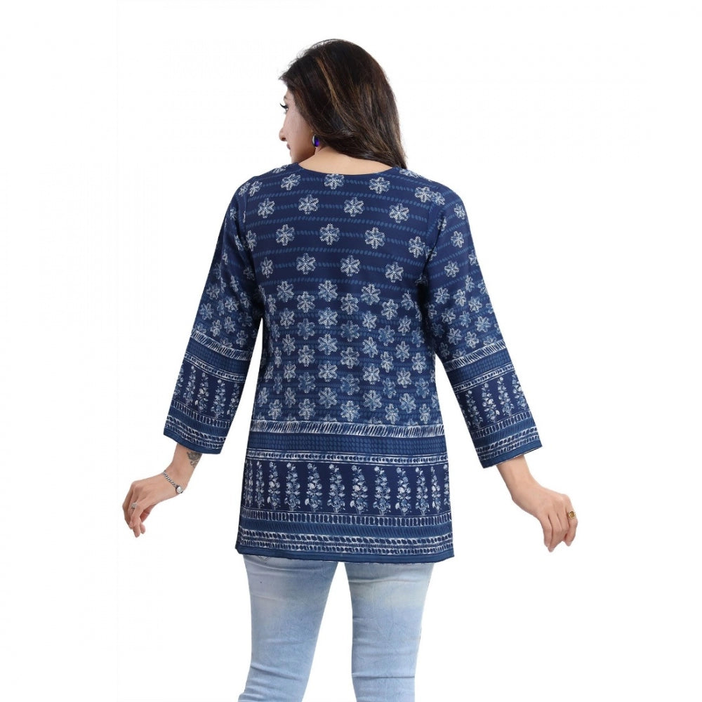 Women's Quarter Sleeve Faux Crepe Printed Short Kurti Tunic Top (Color:Blue)