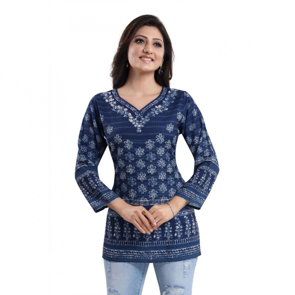 Women's Quarter Sleeve Faux Crepe Printed Short Kurti Tunic Top (Color:Blue)