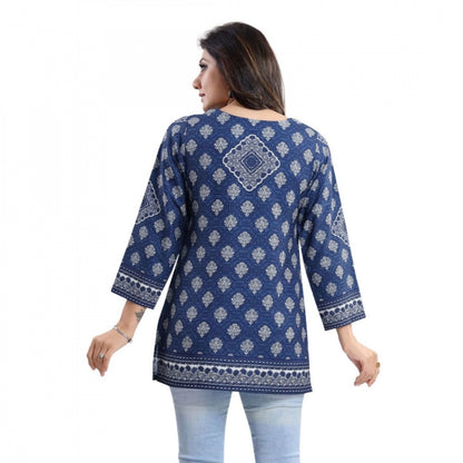 Women's Quarter Sleeve Faux Crepe Printed Short Kurti Tunic Top (Color:Blue)