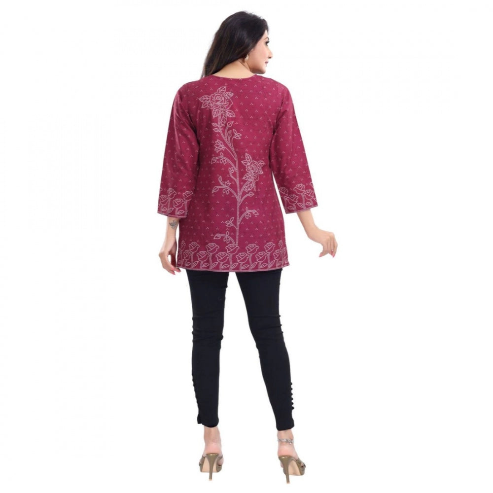 Women's Quarter Sleeve Faux Crepe Printed Short Kurti Tunic Top (Color:Magenta)