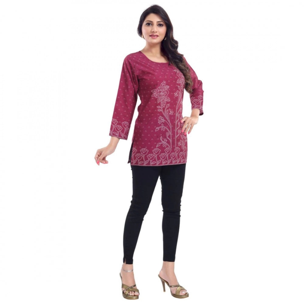 Women's Quarter Sleeve Faux Crepe Printed Short Kurti Tunic Top (Color:Magenta)