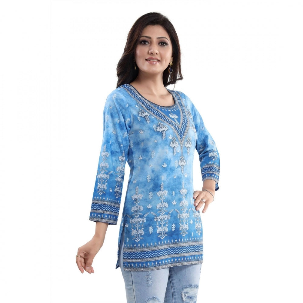 Women's Quarter Sleeve Faux Crepe Printed Short Kurti Tunic Top (Color:Sky Blue)