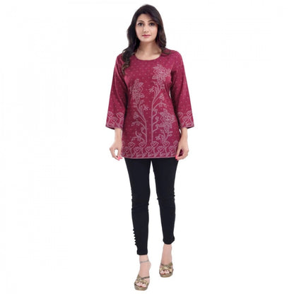 Women's Quarter Sleeve Faux Crepe Printed Short Kurti Tunic Top (Color:Magenta)