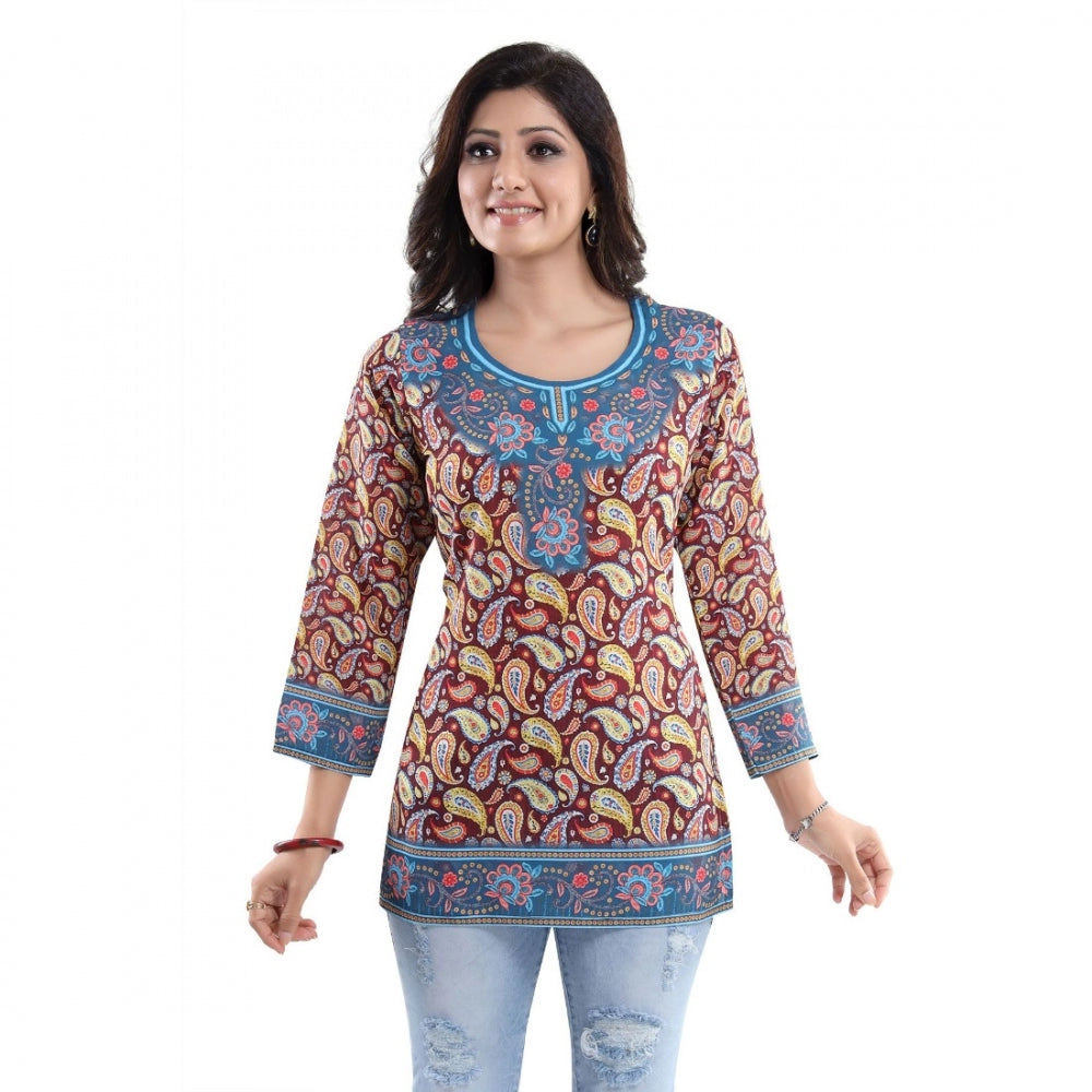 Women's Quarter Sleeve Faux Crepe Printed Short Kurti Tunic Top (Color:Maroon)