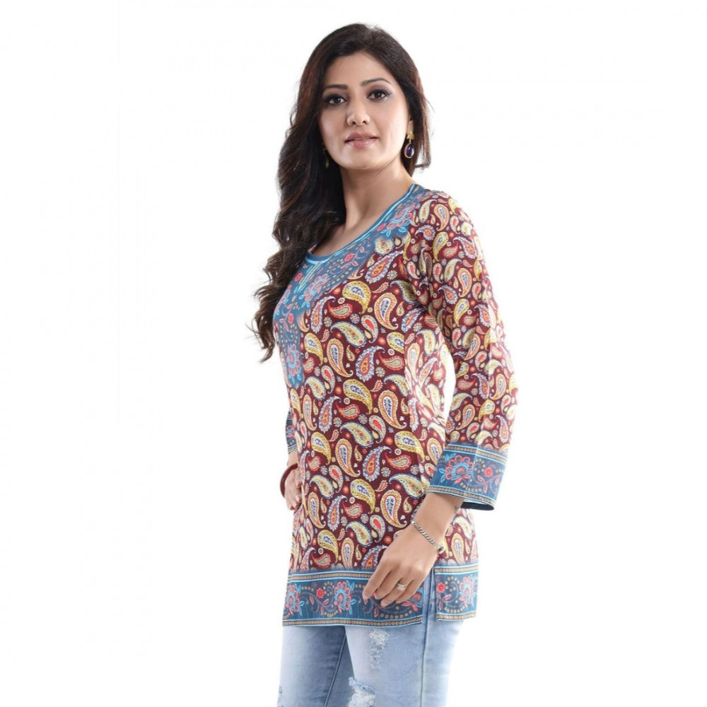 Women's Quarter Sleeve Faux Crepe Printed Short Kurti Tunic Top (Color:Maroon)