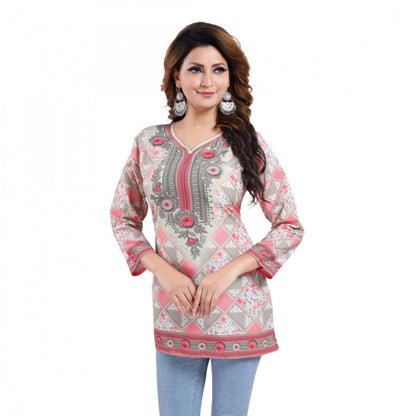 Women's Quarter Sleeve Faux Crepe Printed Short Kurti Tunic Top (Color:Pink)