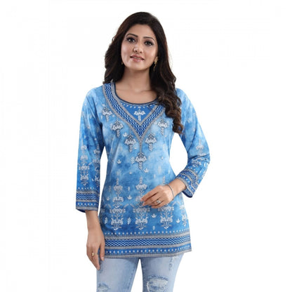 Women's Quarter Sleeve Faux Crepe Printed Short Kurti Tunic Top (Color:Sky Blue)