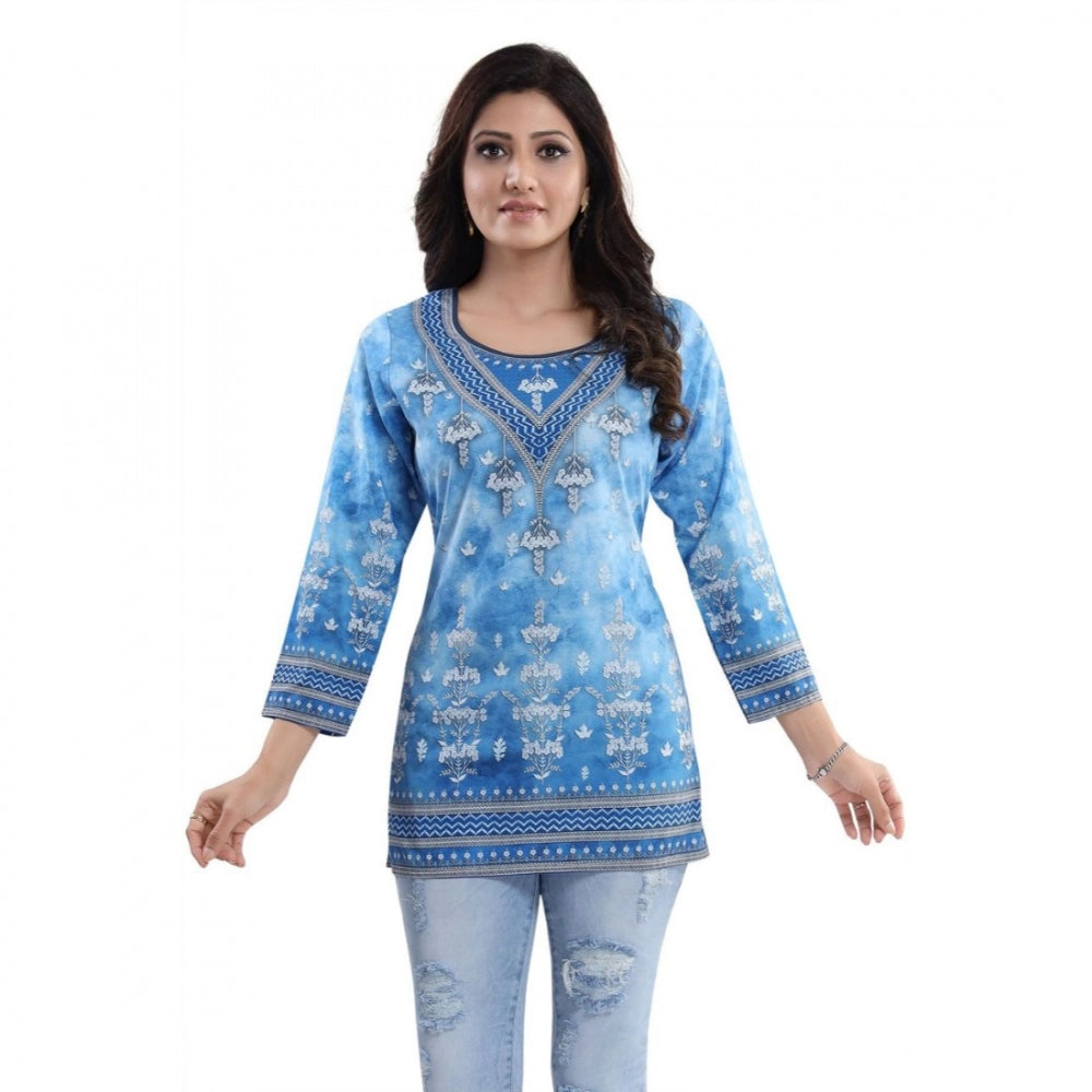 Women's Quarter Sleeve Faux Crepe Printed Short Kurti Tunic Top (Color:Sky Blue)