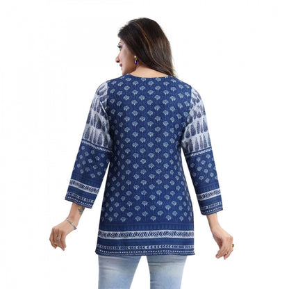 Women's Quarter Sleeve Faux Crepe Printed Short Kurti Tunic Top (Color:Blue)