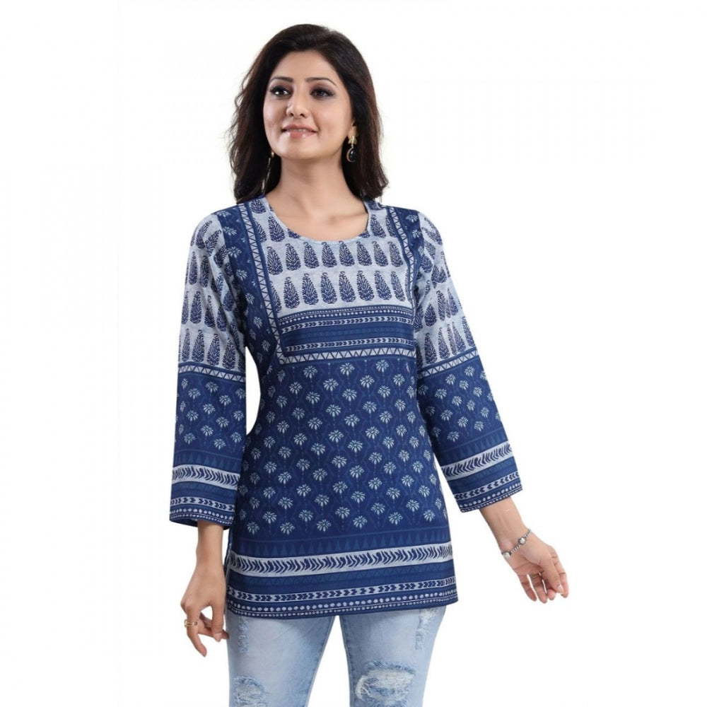 Women's Quarter Sleeve Faux Crepe Printed Short Kurti Tunic Top (Color:Blue)