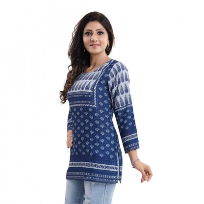 Women's Quarter Sleeve Faux Crepe Printed Short Kurti Tunic Top (Color:Blue)