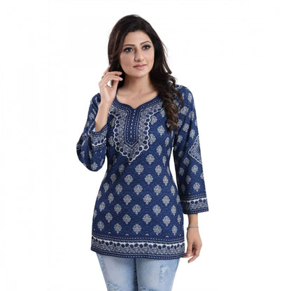 Women's Quarter Sleeve Faux Crepe Printed Short Kurti Tunic Top (Color:Blue)