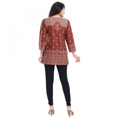 Women's Quarter Sleeve Faux Crepe Printed Short Kurti Tunic Top (Color:Rust)