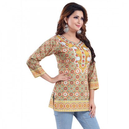 Women's Quarter Sleeve Faux Crepe Printed Short Kurti Tunic Top (Color:Multicolor)