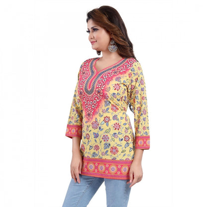 Women's Quarter Sleeve Faux Crepe Printed Short Kurti Tunic Top (Color:Yellow)