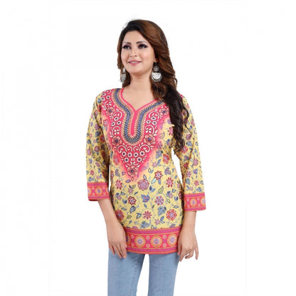 Women's Quarter Sleeve Faux Crepe Printed Short Kurti Tunic Top (Color:Yellow)