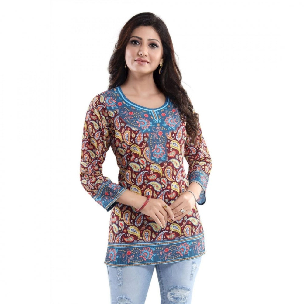 Women's Quarter Sleeve Faux Crepe Printed Short Kurti Tunic Top (Color:Maroon)