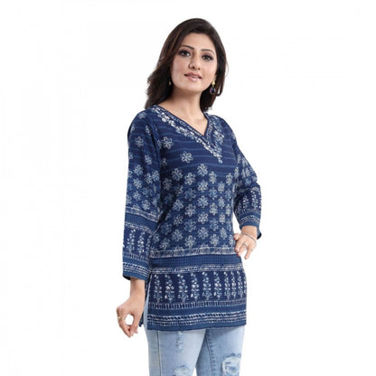 Women's Quarter Sleeve Faux Crepe Printed Short Kurti Tunic Top (Color:Blue)