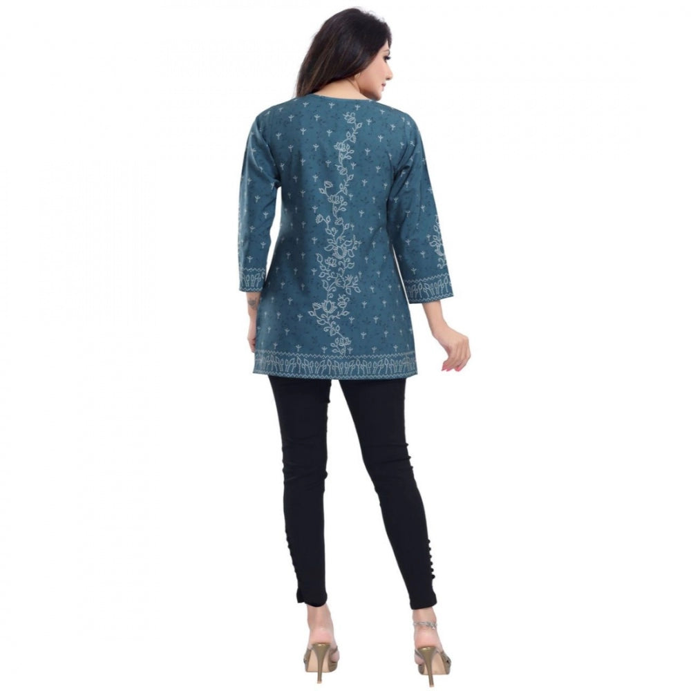 Women's Quarter Sleeve Faux Crepe Printed Short Kurti Tunic Top (Color:Grey)