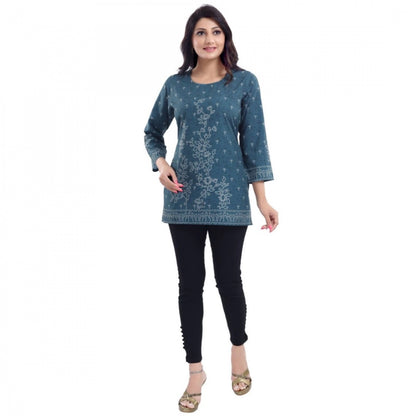 Women's Quarter Sleeve Faux Crepe Printed Short Kurti Tunic Top (Color:Grey)