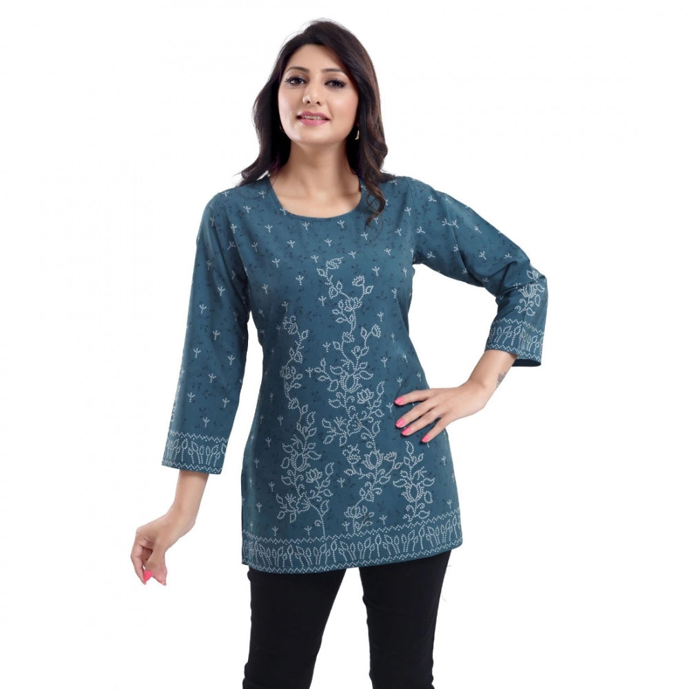 Women's Quarter Sleeve Faux Crepe Printed Short Kurti Tunic Top (Color:Grey)