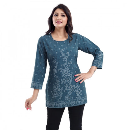 Women's Quarter Sleeve Faux Crepe Printed Short Kurti Tunic Top (Color:Grey)