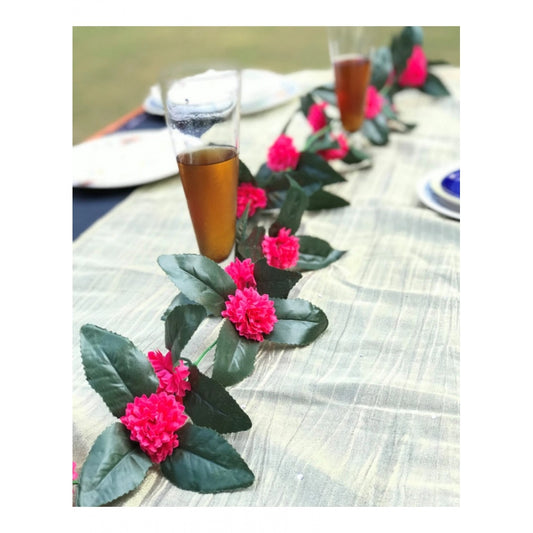 Artificial Dark Pink Marigold Genda Flower Vine Creeper With Big Green Leaves For Home Decoration (Color: DarkPink, Material: Silk Polyester)