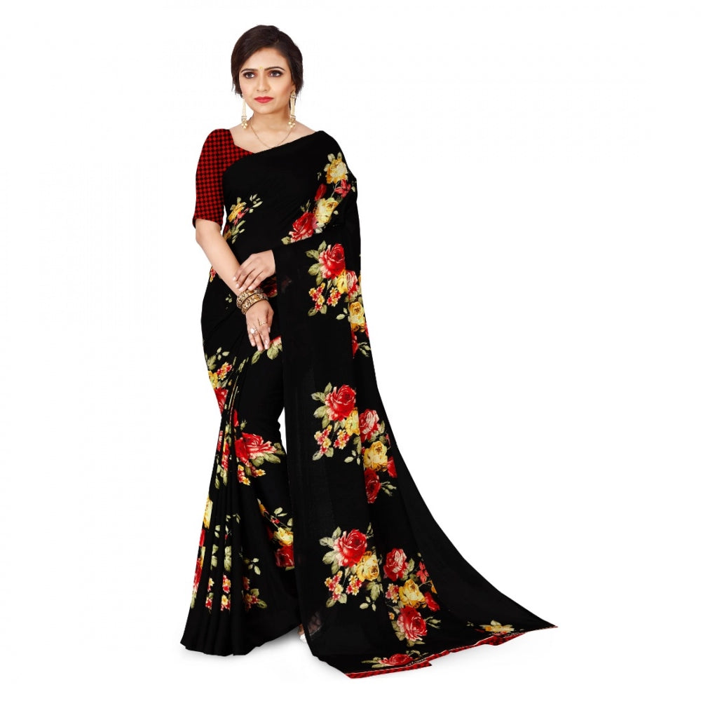 Women's Faux Georgette Saree With Blouse (Black, 5-6Mtrs)