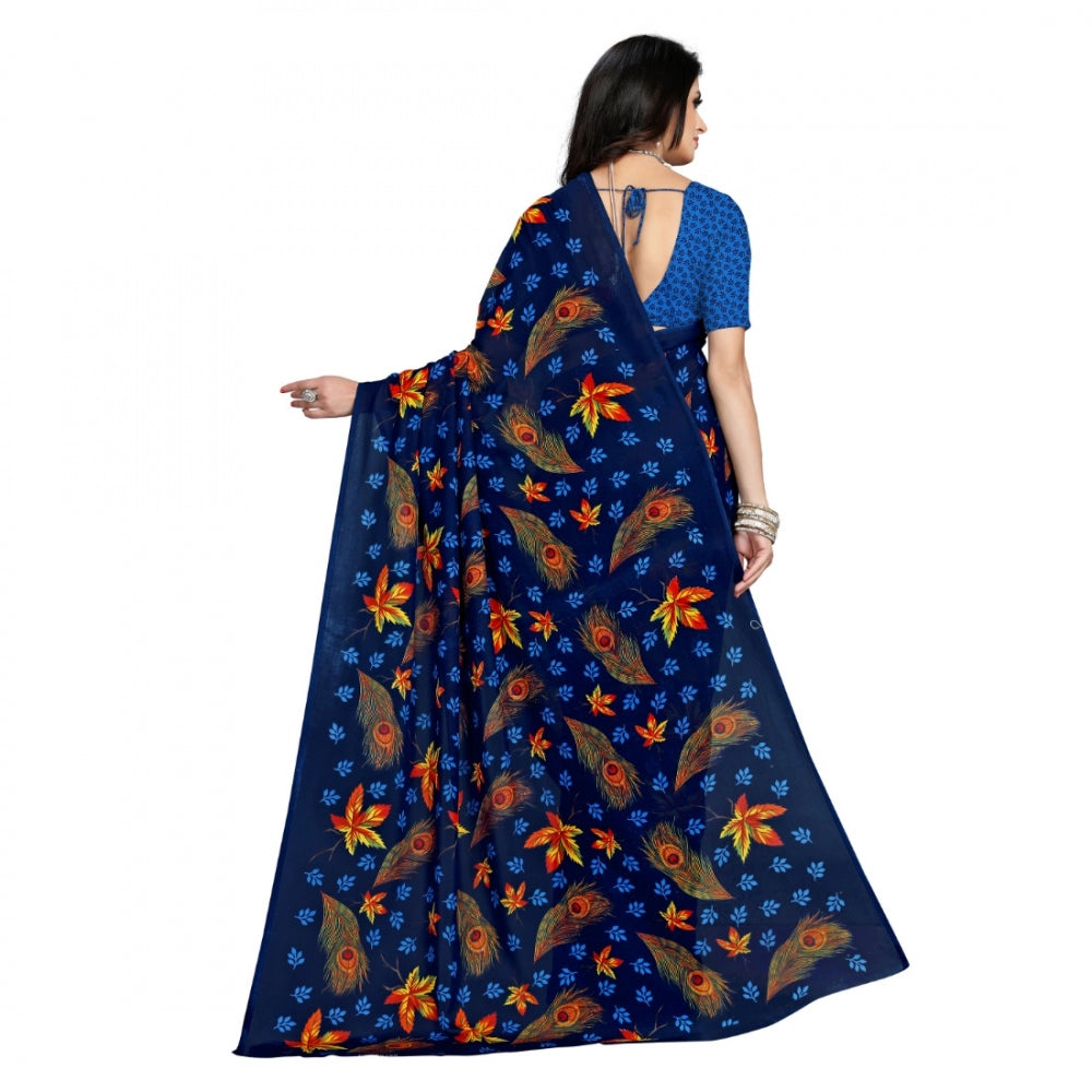 Women's Faux Georgette Saree With Blouse (Blue, 5-6Mtrs)