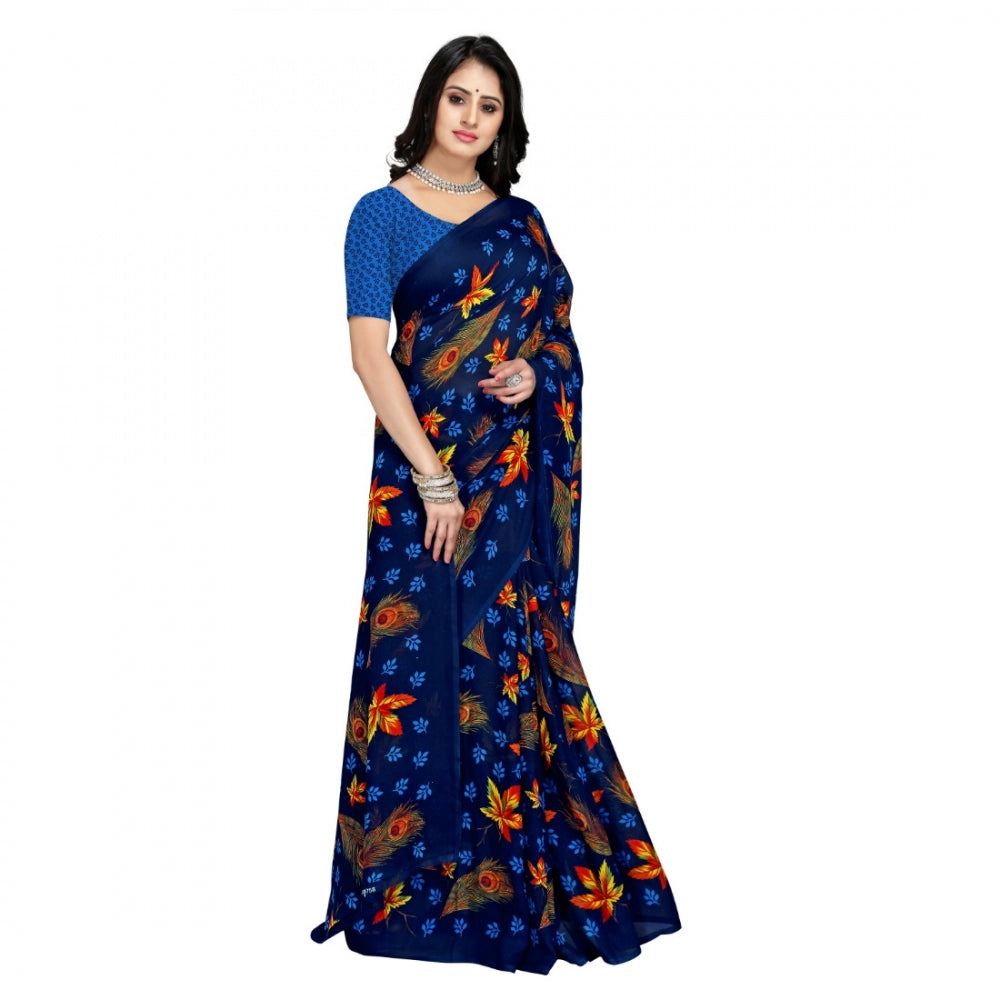 Women's Faux Georgette Saree With Blouse (Blue, 5-6Mtrs)