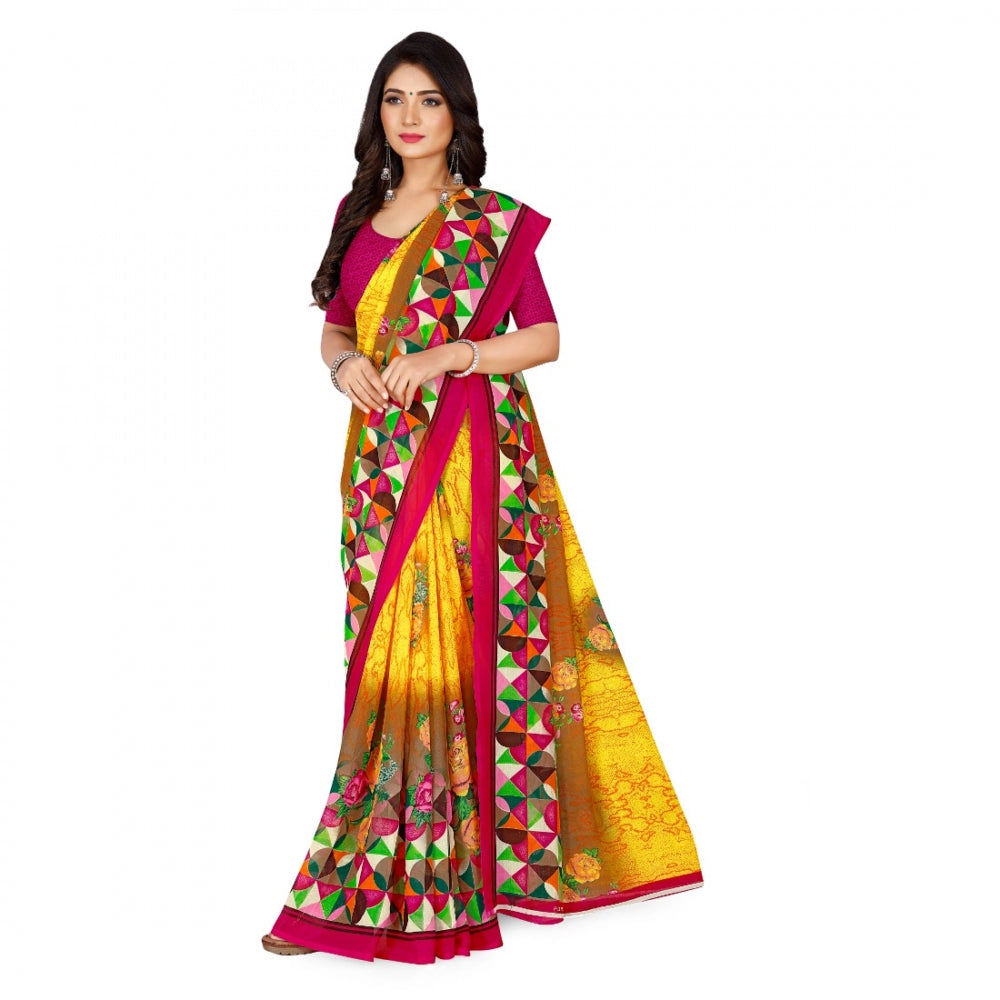 Women's Faux Georgette Saree With Blouse (Yellow, 5-6Mtrs)