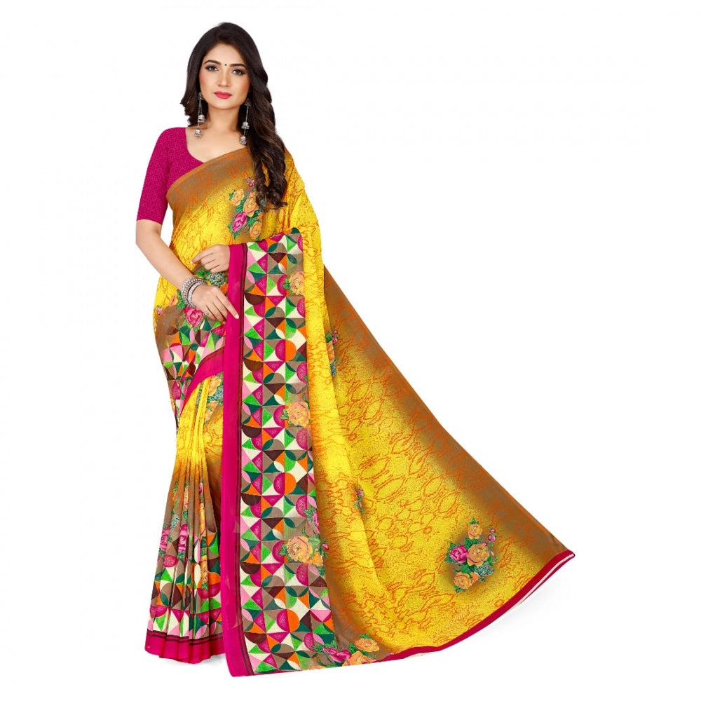 Women's Faux Georgette Saree With Blouse (Yellow, 5-6Mtrs)