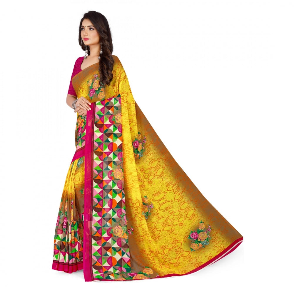 Women's Faux Georgette Saree With Blouse (Yellow, 5-6Mtrs)