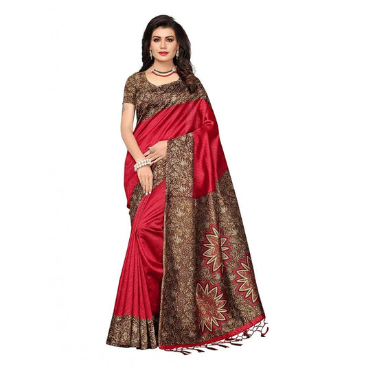 Women's Art Silk Saree With Blouse (Red, 5-6mtrs)