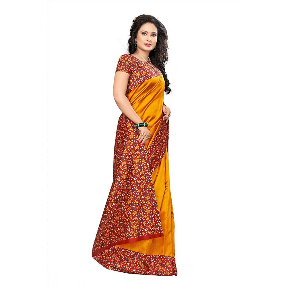 Women's Art Silk Saree With Blouse (Yellow, 5-6mtrs)