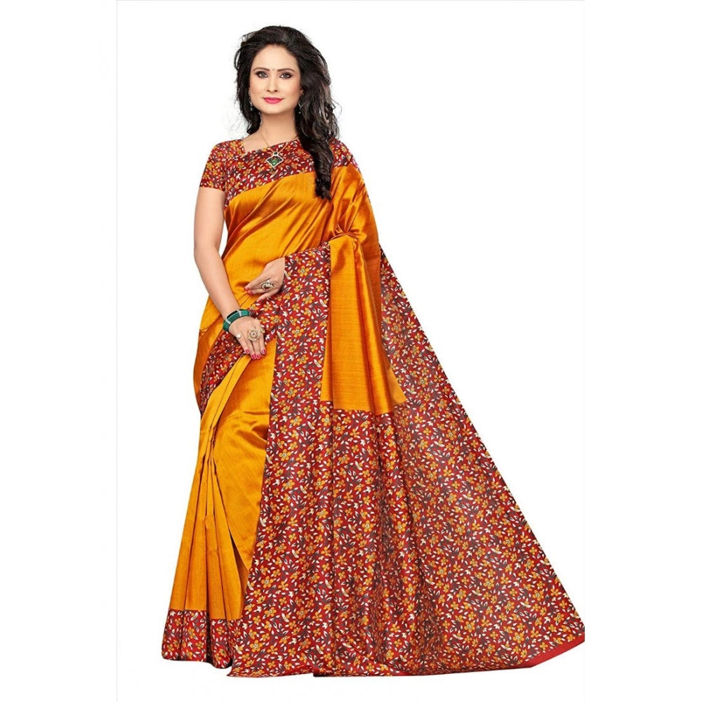 Women's Art Silk Saree With Blouse (Yellow, 5-6mtrs)